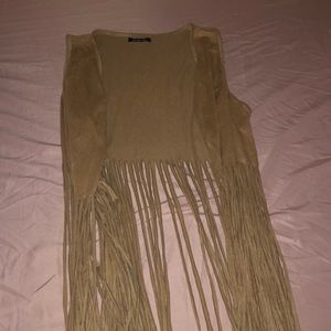 Camel-colored sleeveless cardigan